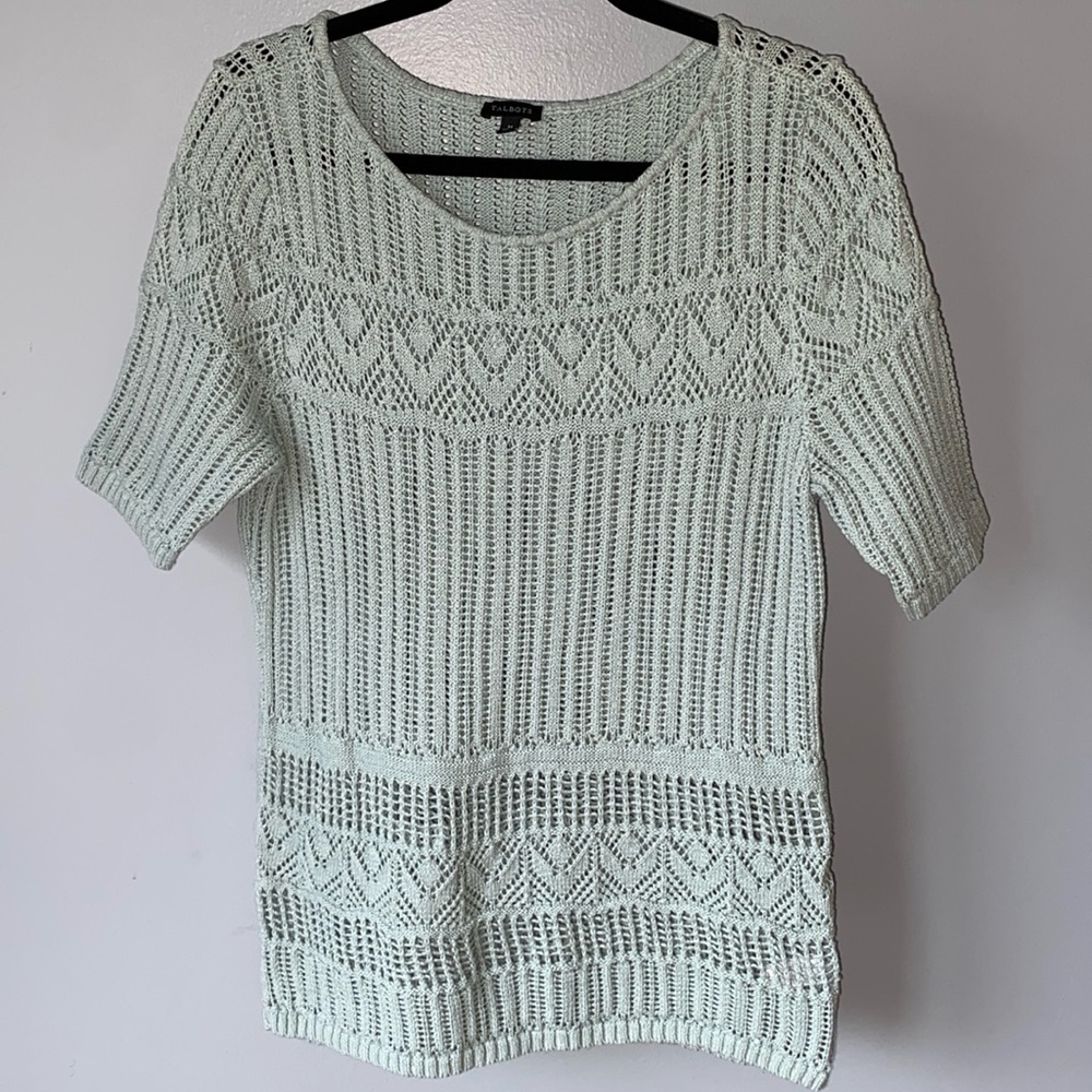 Talbots Seafoam green Crocheted Sweater Blouse Sz M